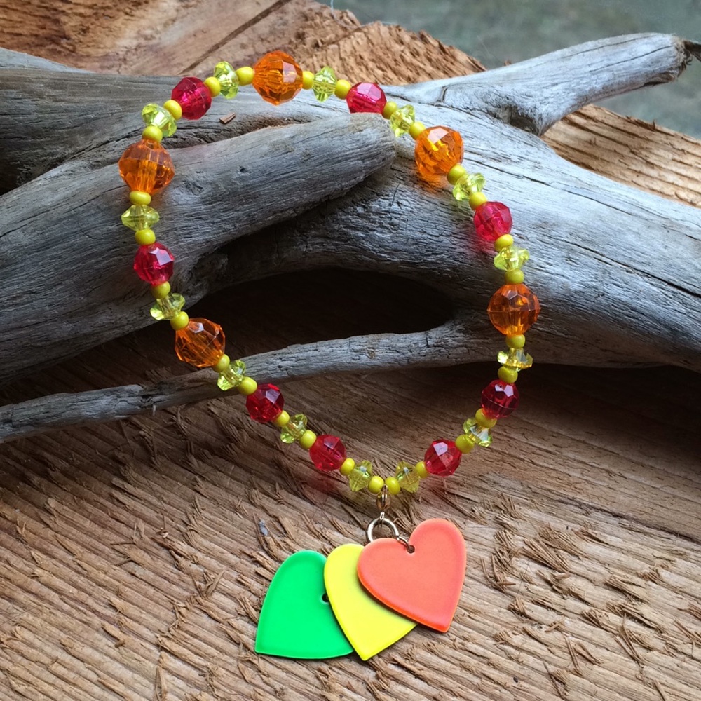 Handmade bright bead bracelet with neon hearts
